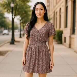 NWT GAP SZ S Short Sleeve V-Neck, Open Back Blue Multi-color Floral Rayon Dress